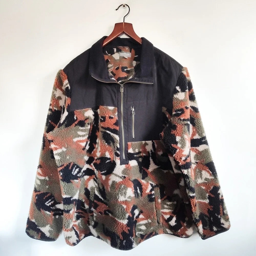 LL‎ Bean Signature Fleece Pullover Size XXL High Pile 1/2 Zip Camo Black Green